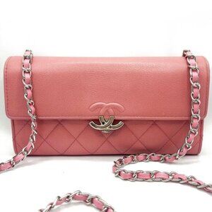 Authentic CHANEL CC Lambskin Quilted Box Flap Wallet on Chain Pink Shoulder WOC